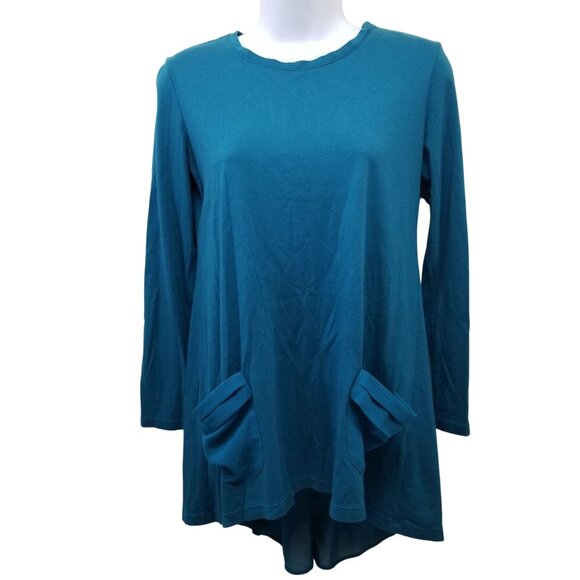 LOGO 14 Blue Shirt Top Tunic Long Sleeve Hi Low Pockets Stretch Knit Chiffon - Picture 1 of 6